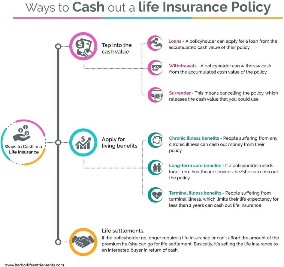 Infographic showing ways to cash out a life insurance policy while alive